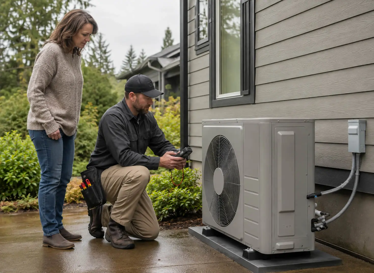 HVAC Reapir man working on heat pump showing home owner