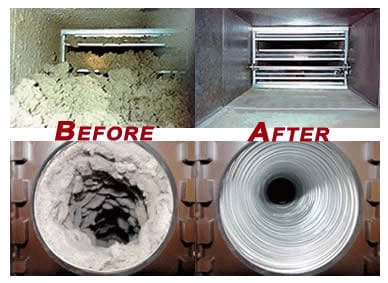 Dramatic results from a professional duct cleaning service, illustrating the difference between a clogged, dirty vent and a sanitized, high-airflow duct.